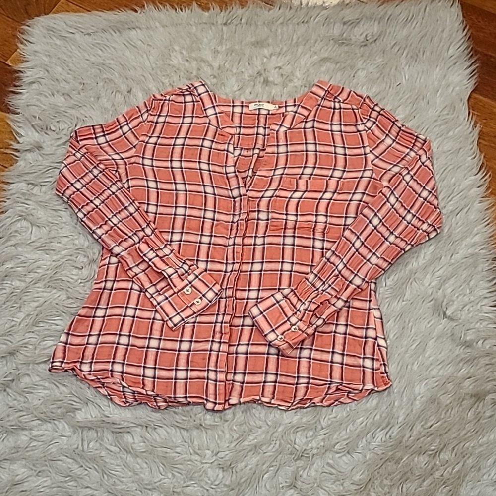 Silver jeans pink, blue and white sheer plaid long sleeve button down shirt